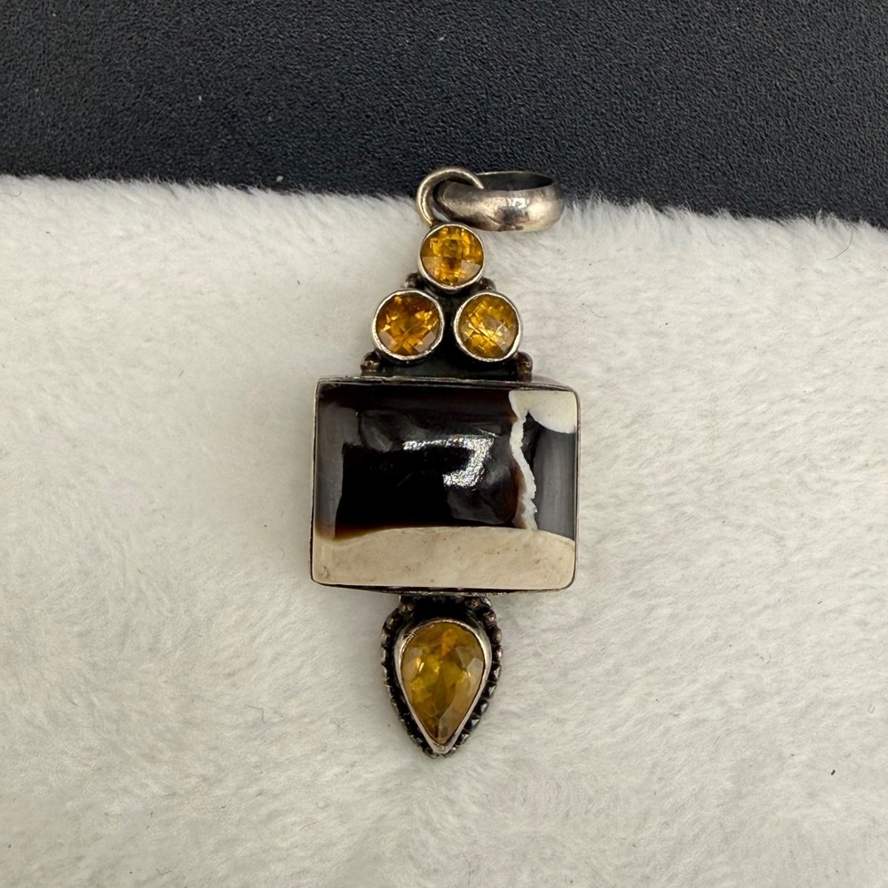 Vintage Estate Pendant Silver Yellow Rhinestone‎ Rectangle Teardrop